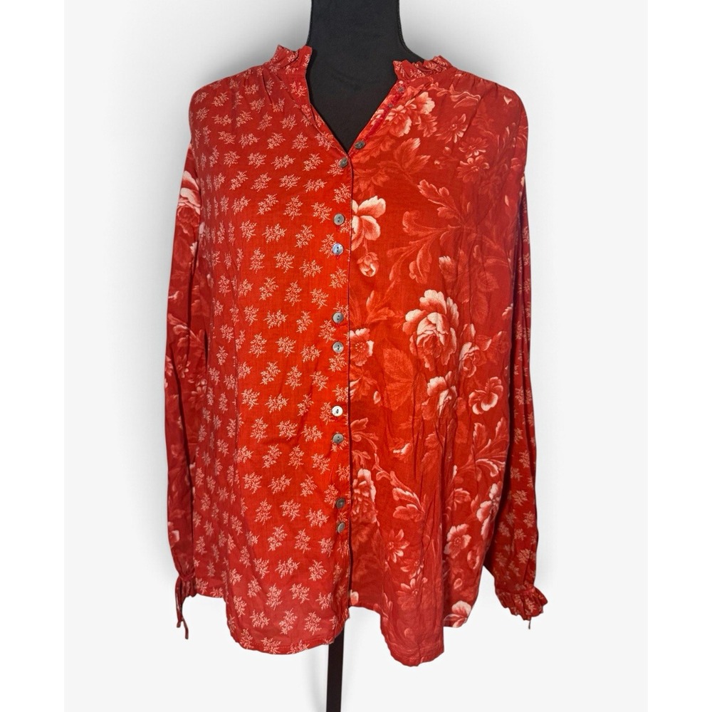 Sundance Red Floral V-Neck Button Front Woven Cotton Long Sleeve Blouse L boho